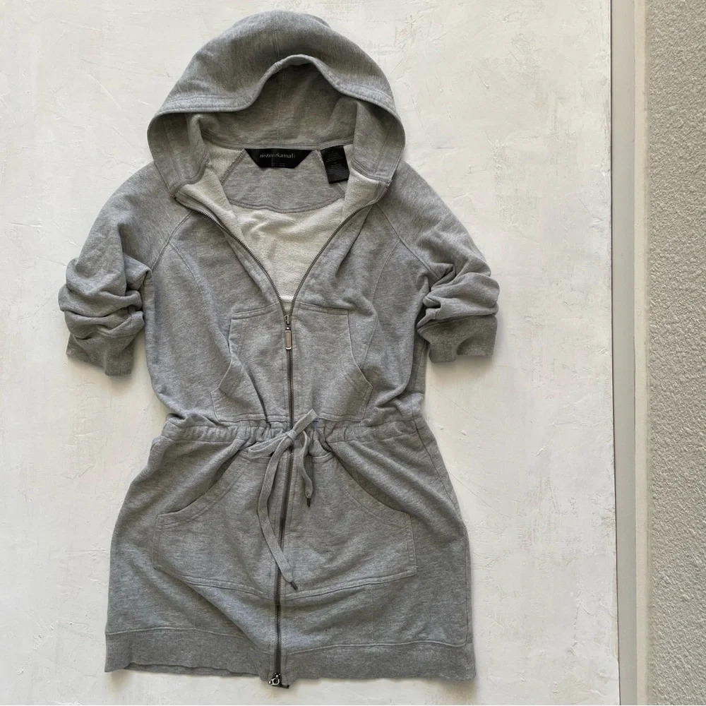 Norma Kamali Dress Sweatshirt Hoodie Dress Gray Drawstring Waist Pockets Size S
